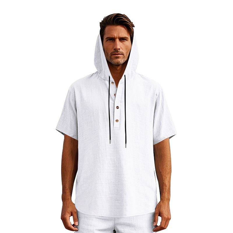 Herren Sommer Einfaches Lockeres Lässiges Trendy Leinen Knopf Strand Kapuzen Henley Kurzarmhemd_voghion.com