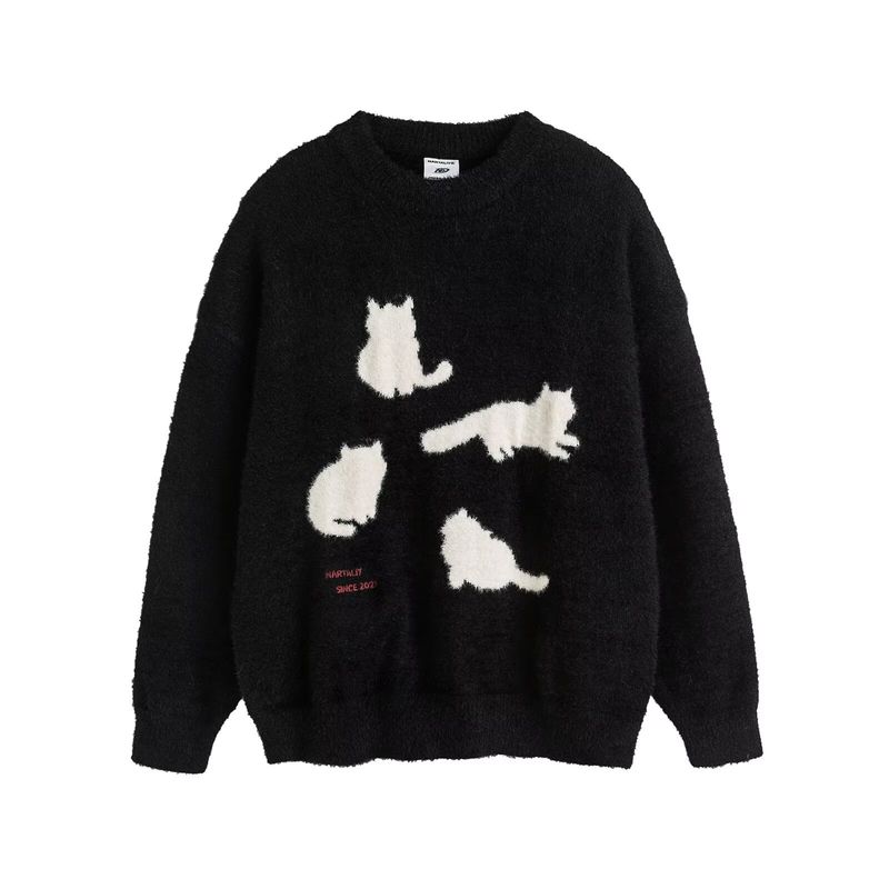Maglione unisex oversize con gatto dei cartoni animati - Pullover in misto acrilico con trecce e stampa retrò, nero e bianco_voghion.com