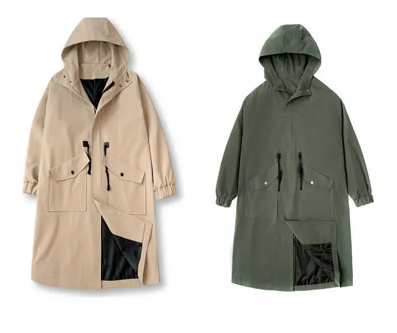 Men's Men'S Windbreaker Jacket Long Trench Oversize Loose Streetwear Hooded Vintage Black Coats High Street Casual Male_voghion.com