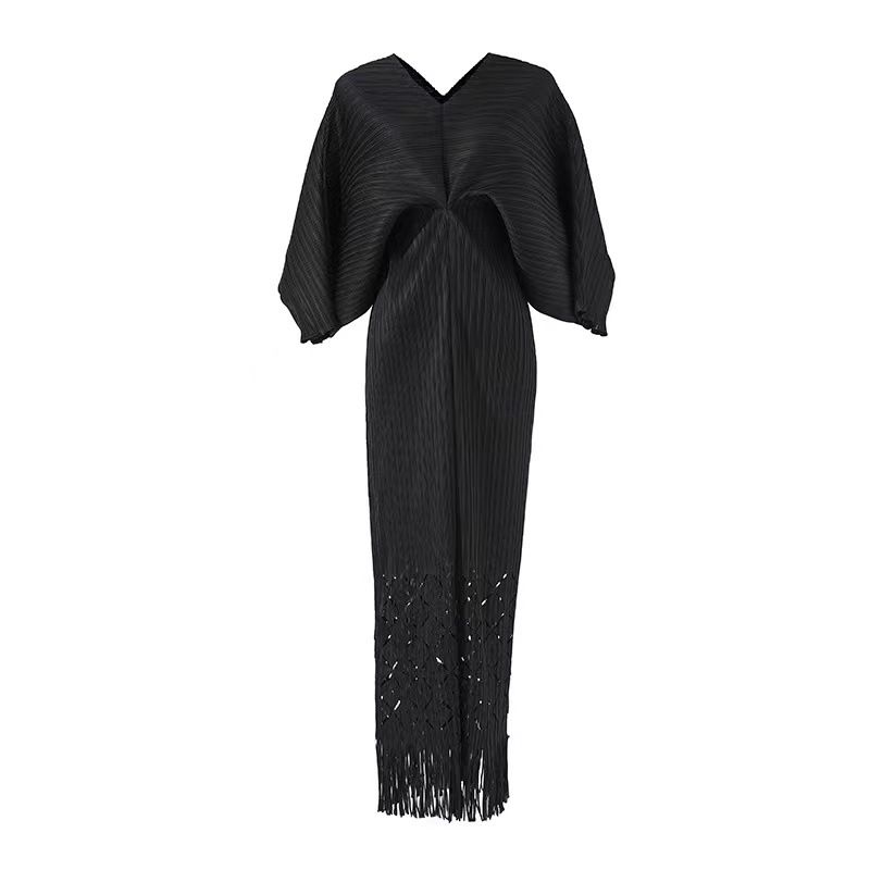 Women's Clothing summer new pleated bat sleeve tassel long dress women's clothing dress_voghion.com