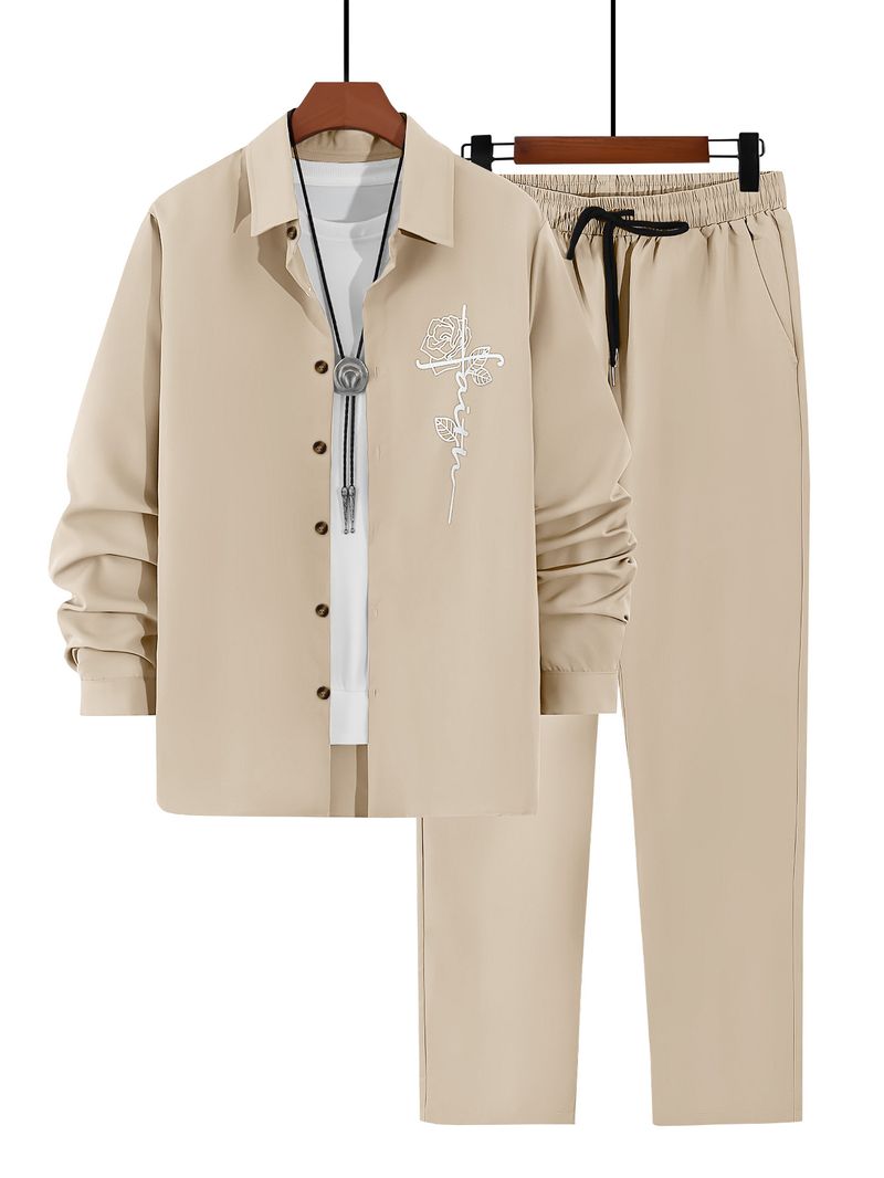 Calça casual masculina original com estampa de caligrafia retrô 2025, camisa bordada de duas peças, primavera e verão_voghion.com