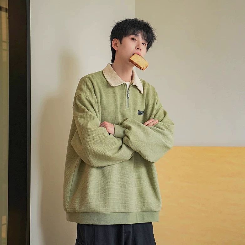 Hoodie men's spring and autumn new style retro contrasting color lapel top college style casual loose jacket_voghion.com