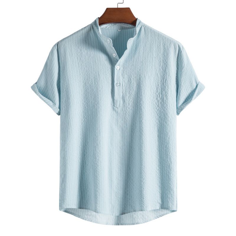Camicia estiva da uomo di grandi dimensioni in cotone e lino con colletto alto e maniche corte_voghion.com
