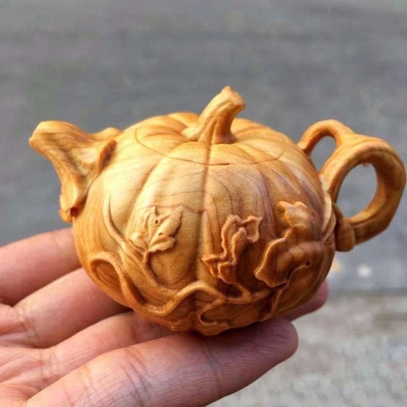 Thuja Boxwood Pumpkin Piece Plaything Ornament Craft Solid Wood Carving Handheld Pot_voghion.com