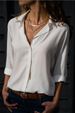 Långärmad dam chiffongskjorta med djup v-knapp för kvinnor_voghion.com