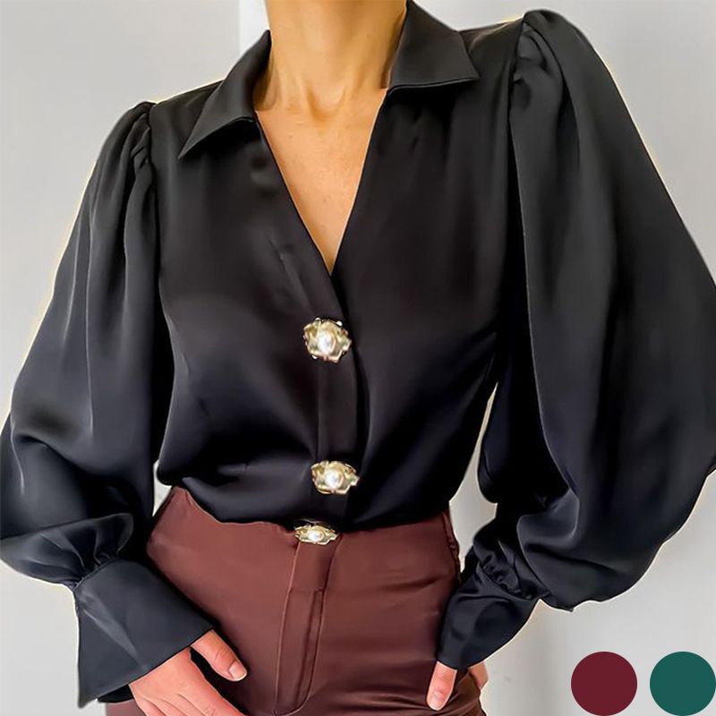 Abbigliamento da donna Camicia in raso allentata casual a maniche lunghe a lanterna_voghion.com