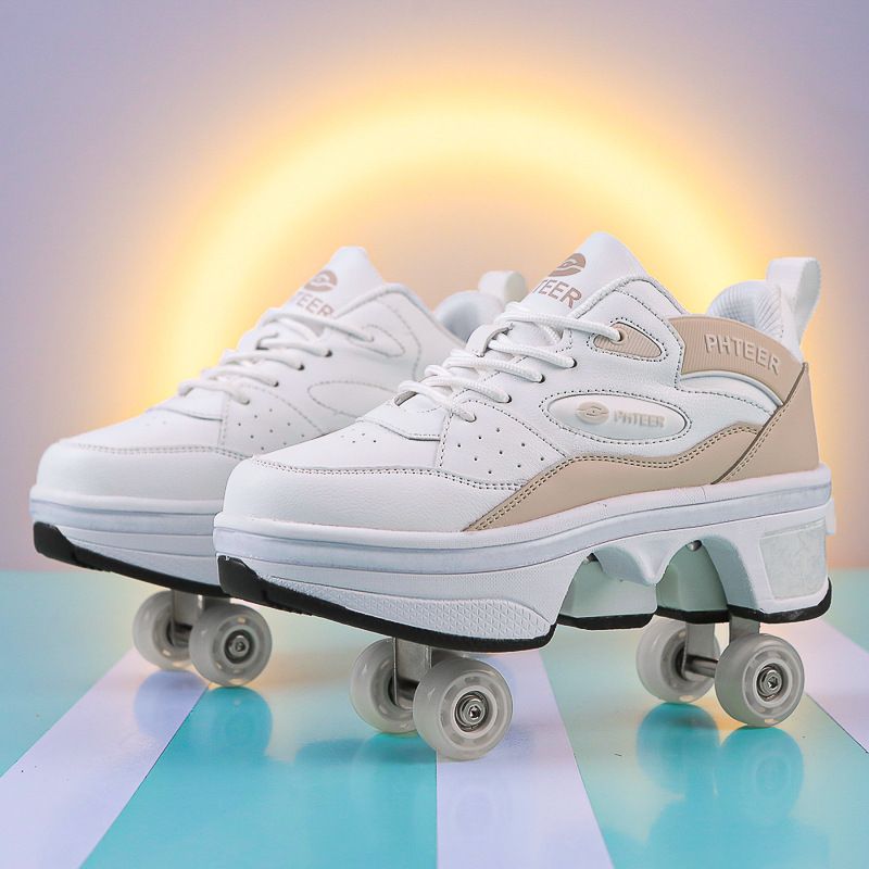 Deformierte Laufschuhe mit vier Rädern, die laufen und skaten können. Radschuhe. Neue Rollschuhe. Rollschuhe._voghion.com