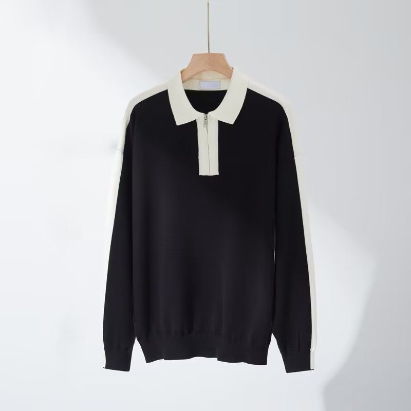 Men's Clothing Autumn and Winter long sleeve color matching drop shoulder knitted lapel thickened top youth half zipper design men's polo shirt_voghion.com