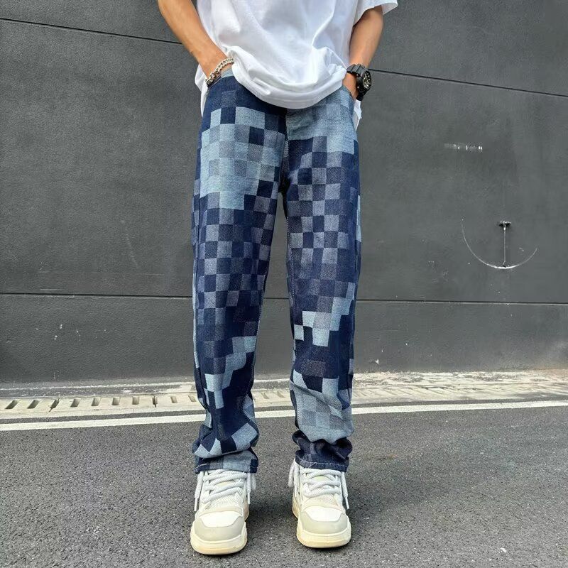 Abbigliamento maschile Jeans a scacchi Pantaloni dritti da uomo a mosaico quattro stagioni Pantaloni casual larghi Pantaloni da strada_voghion.com