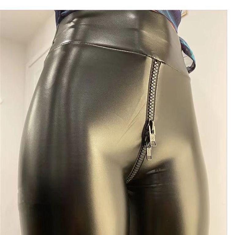 Women's Sexy Black Matte PC Leather Crotchless Pants Exotic Sexy Black Matte_voghion.com