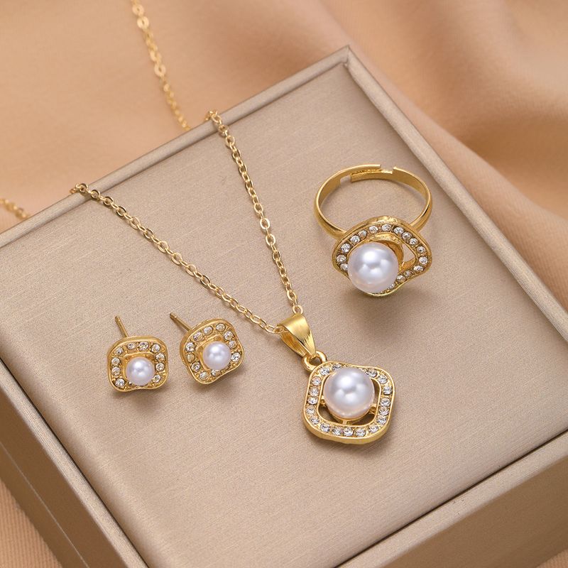 New fashion and high-end diamond inlaid pearl square earrings, ring necklace set, three piece set_voghion.com