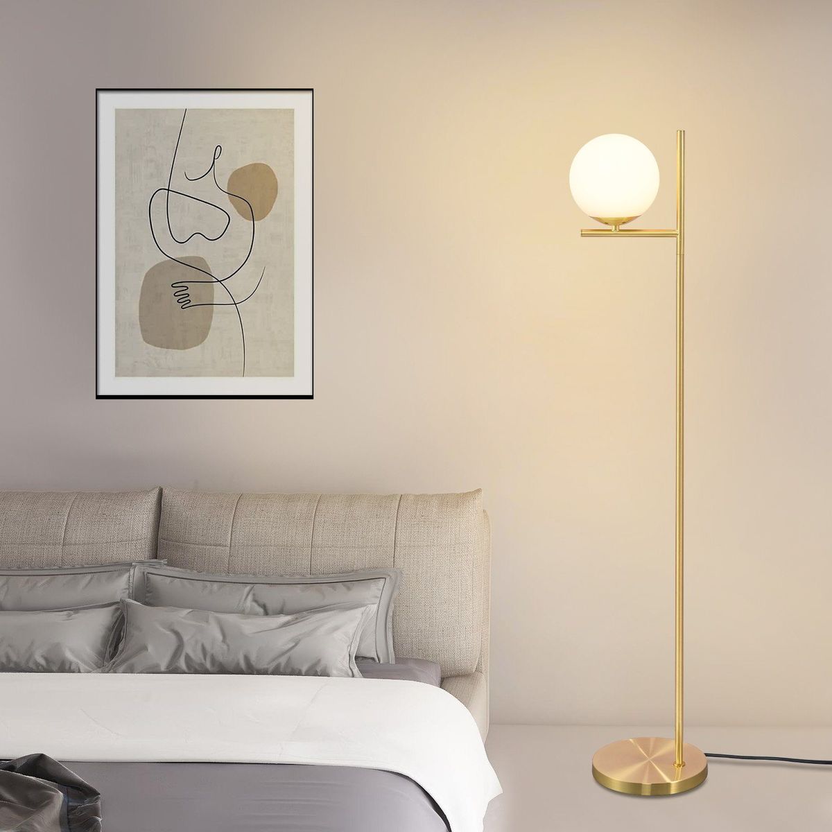 Glitzerlife Stehlampe Vintage Modern - E27 Gold Industrial Stehleuchte Mit Fußschalter Metall Design Aus Weiß Glas Kabel 2M Für Schlafzimmer Kinderzimmer_voghion.com