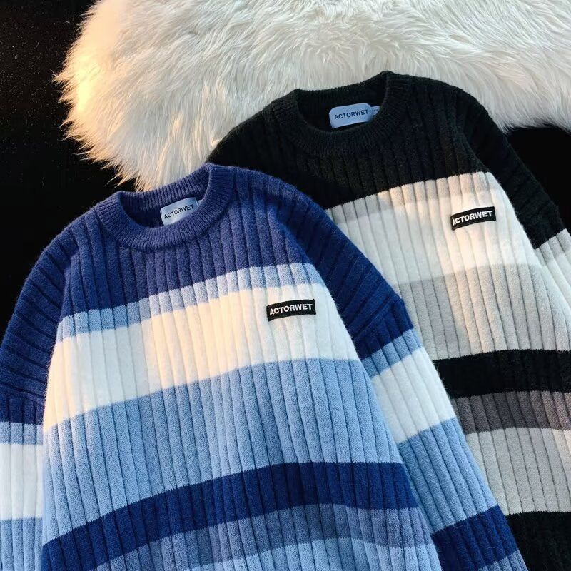 Men's Clothing Couple wear autumn and winter ins Super fire harbor style retro striped round neck knitted sweater men and women design sense lazy wool_voghion.com