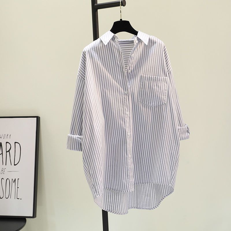 Clothing Art Short Front Long Back Medium Length Vertical Striped Shirt Women's Casual Jacket_voghion.com