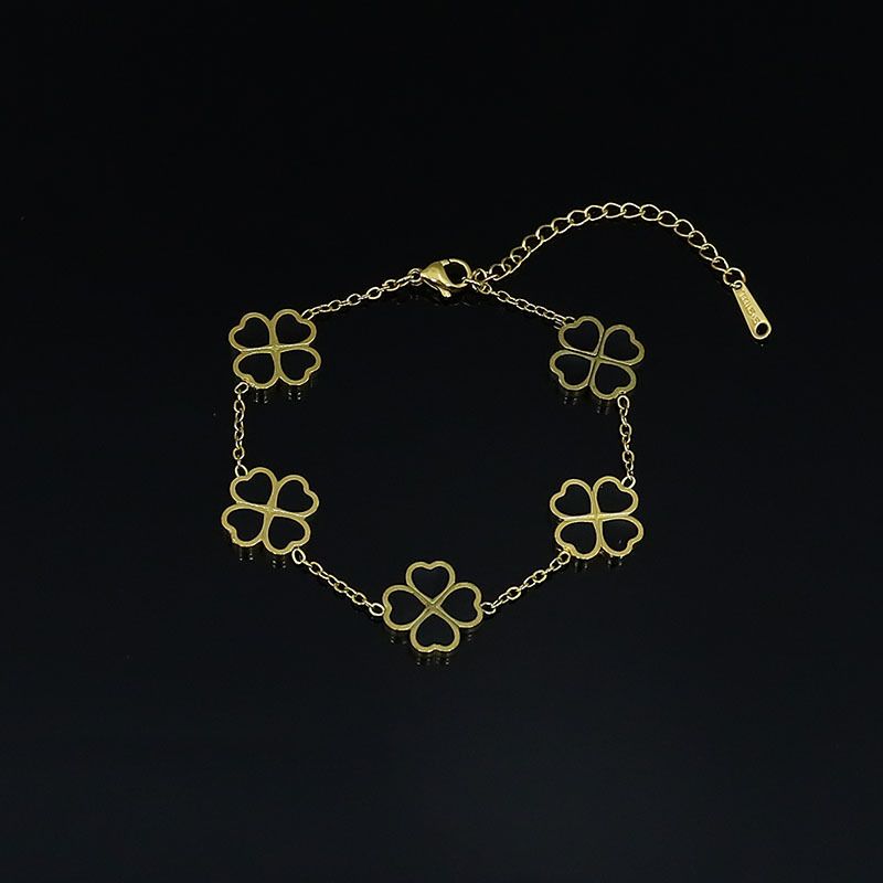 Damenschmuck Titanstahl Vierblättriges Kleeblatt Fünf Blumen Einfaches Edelstahl-Tropfkleber-Armband Einlagiger Handschmuck für die Freundin_voghion.com