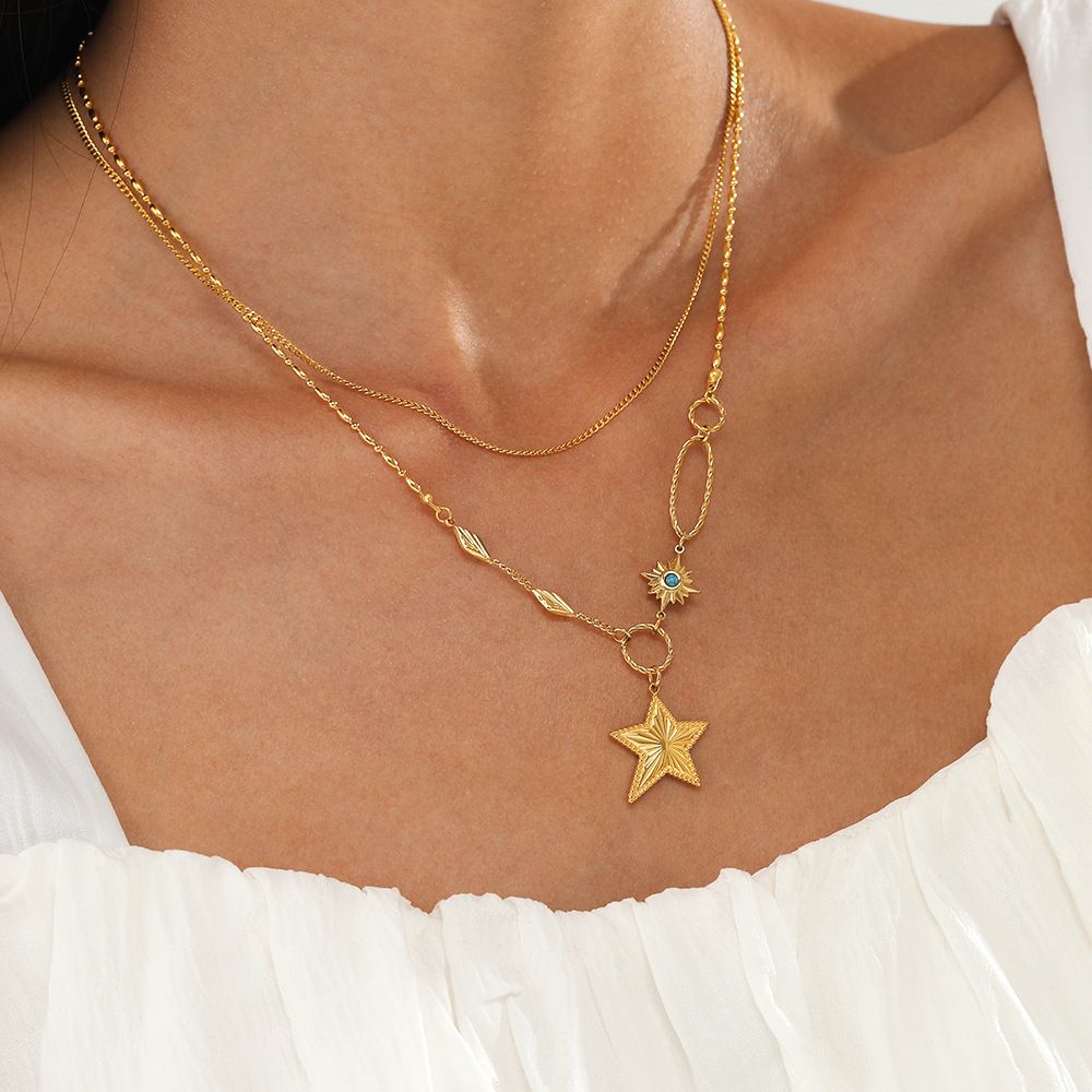 14K Gold Plated Double Layer Star Necklace - Geometric Clavicle Chain For Women, Ins Style Design_voghion.com
