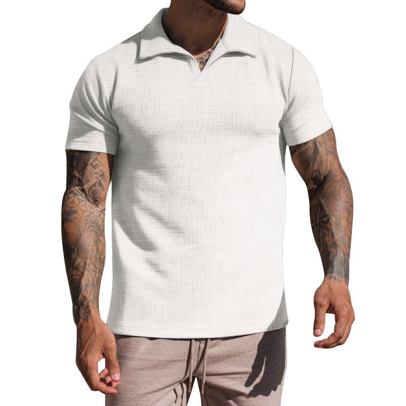 Herren-Poloshirt mit Reverskragen, Waffelmuster, kurzärmlig, einfarbig, lässig, V-Ausschnitt_voghion.com