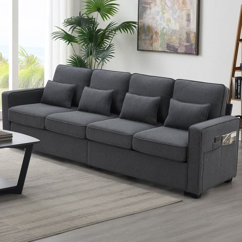 [VIDEO Provided] [New] 104' 4-Seater Modern Linen Fabric Sofa With Armrest Pockets And 4 Pillows,Minimalist Style Couch For Living Room, Apartment,_voghion.com