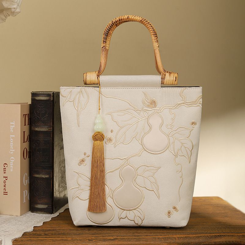Fortune And Prosperity Double Full Wooden Handle Ancient Style Banquet Handbag Cheongsam Hanfu Handheld Bucket Bag_voghion.com