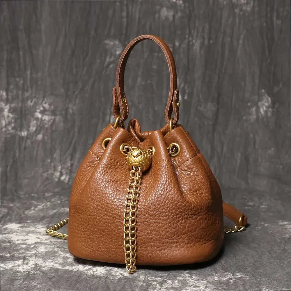 LUOKIR Nuovo Metallo Drstring Versatile Borsa da Donna Vera Pelle Catena Tracolla Vintage Secchiello Borsa Cellulare_voghion.com