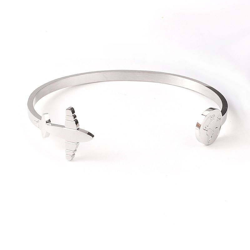 Map Airplane Titanium Bracelet For Women Business Logo C-shaped Engraving Stainless Steel Bangle_voghion.com