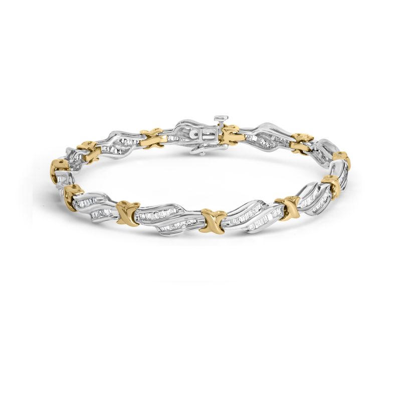 10k Two-Toned Gold 2.00 Cttw Channel Set Baguette-Diamond Weave and "X" Spiral Link Bracelet (H-I Color, I1-I2 Clarity) - 7"_voghion.com