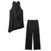 Ensemble deux pièces dos nu satiné pour femme – Combinaison streetwear tendance au design asymétrique – Tenue d'été confortable (blanc/noir/bleu ardoise)_voghion.com