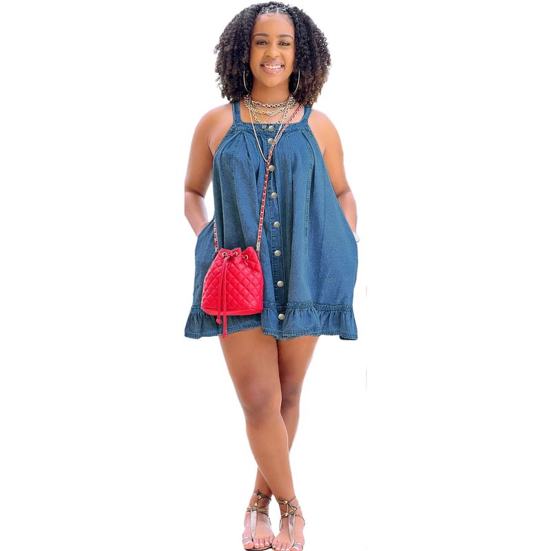 ​Women's Denim Dress - Square Neck Strappy Button Pocket Loose Fit Ruffled Hem Washed Denim Skirt_voghion.com