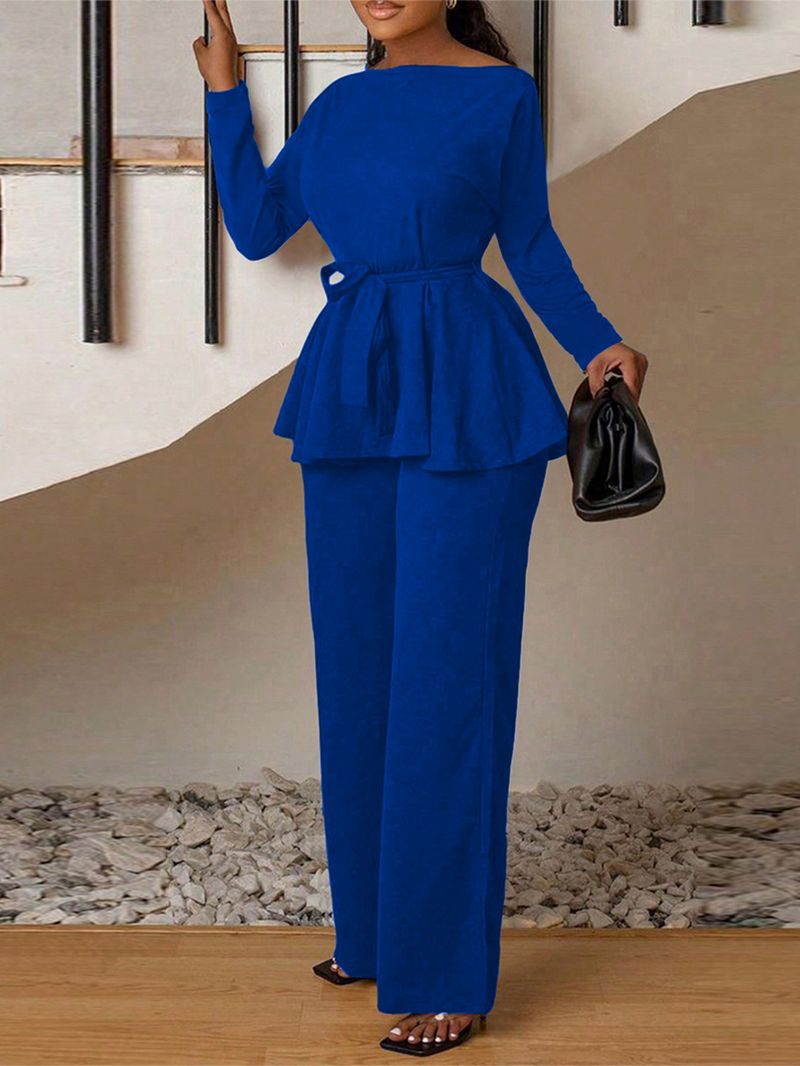Women's Clothing Elegant Long Sleeved Pullover With Ruffled Top And High Waist Wide Leg Trousers Two Piece Set_voghion.com