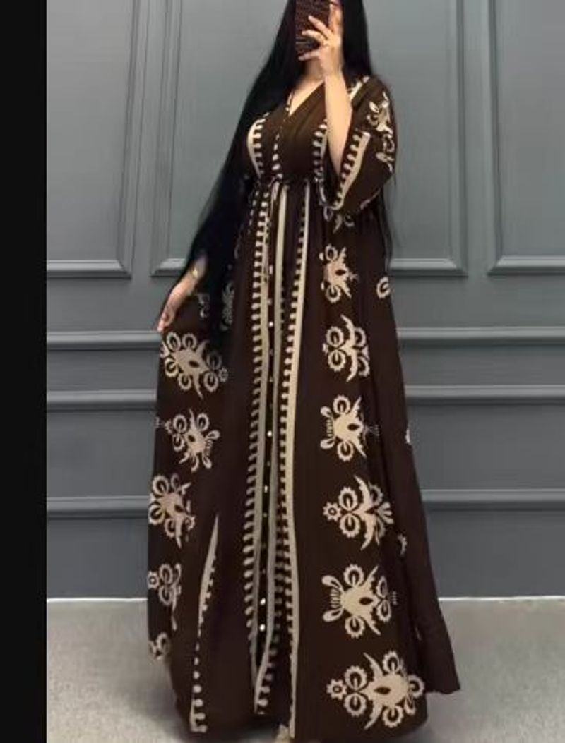 New V Neck Long Sleeve Positioning Print Long Loose Dress Women_voghion.com