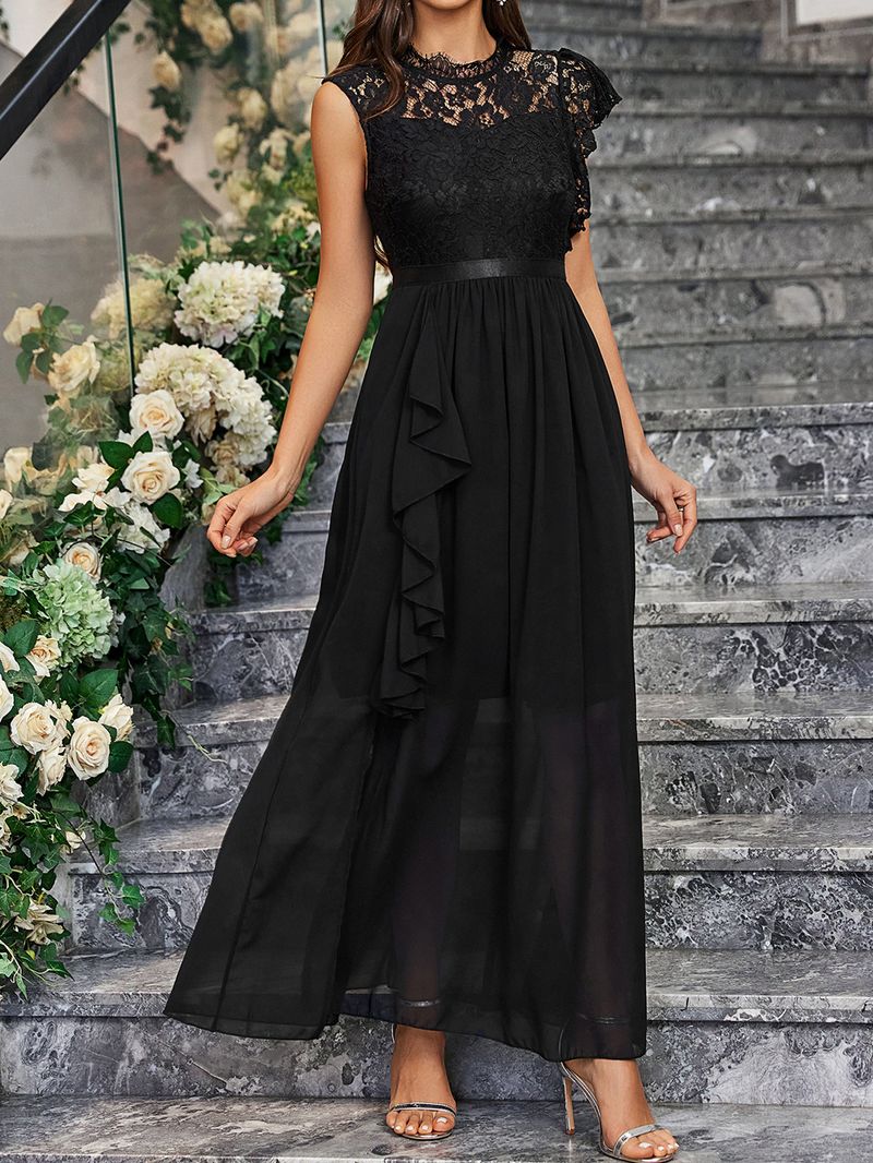Women's clothing sexy lace chiffon round neck sleeveless wedding bridesmaid dress_voghion.com