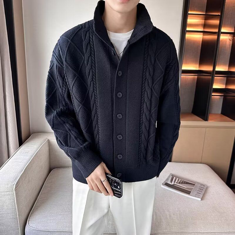 Cardigan lavorato a maglia da uomo, moda invernale, colletto rovesciato, vestibilità ampia, stile coreano, versatile, minimalista, tinta unita, caldo e accogliente_voghion.com