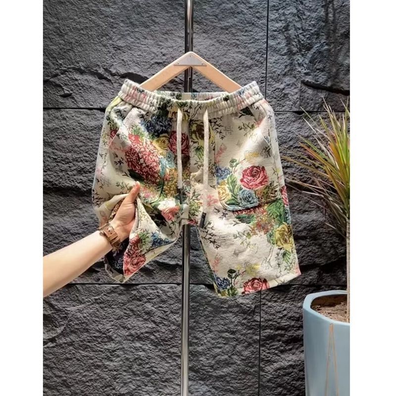Men's Clothing Summer men's shorts painted with rose flowers loose straight pants fashionable and versatile loose five point beach pants_voghion.com