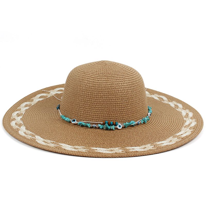 2024 new style lace splicing large brim sun hat personalized blue turquoise decorated straw hat outdoor leisure sun hat_voghion.com