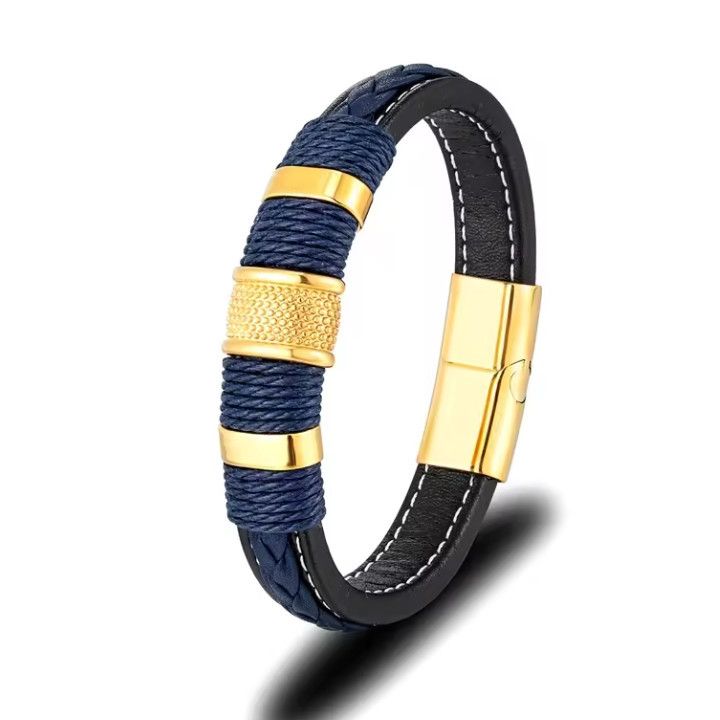 Braccialetto punk con fibbia magnetica, in acciaio al titanio, da uomo, a doppio strato, in vera pelle intrecciata, con personalità._voghion.com