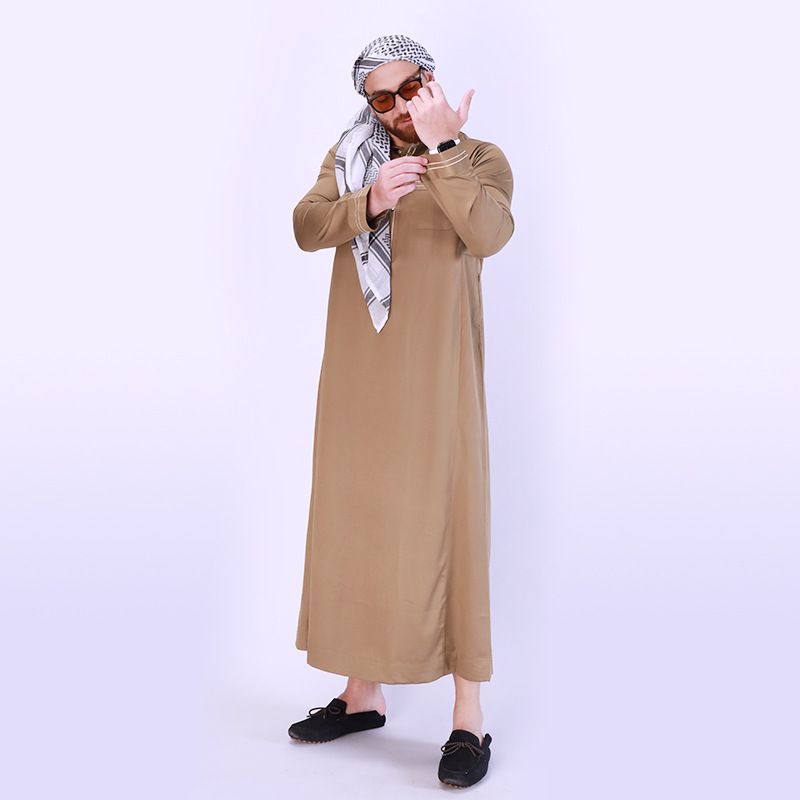 Erkek Müslüman Yeni Müslüman Erkek Bornozu Dik Yaka Düz Renk Uzun Stil Etnik Stil Erkek Giyim_voghion.com
