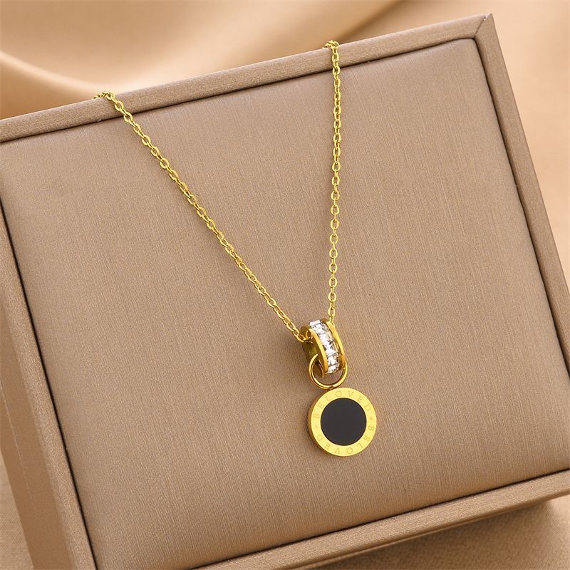 Collier pendentif rond simple en acier inoxydable émail noir pour femme mode douce romantique mariée mariage cristal zircon_voghion.com