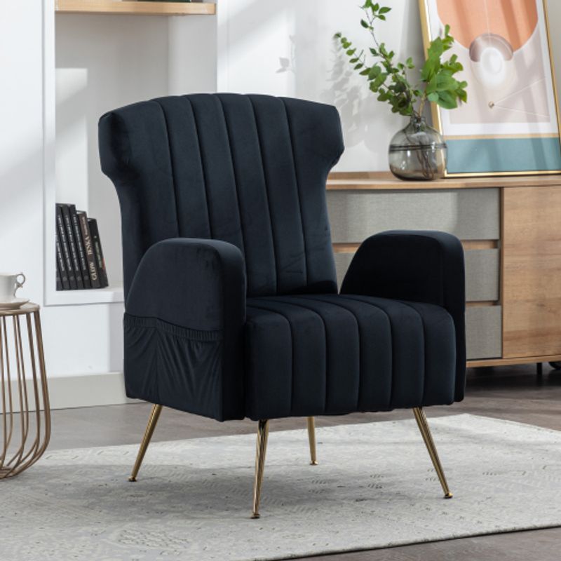 (Old SKU:W1880119442)Samt Wingback Dekorativen Stuhl Mit Metallic Gold Beinen, Gepolsterte Sessel, Side Chair, Casual Single Sofa, Wohnzimmer Schlafzimmer Büro Lesesessel Weich Und Bequem_voghion.com
