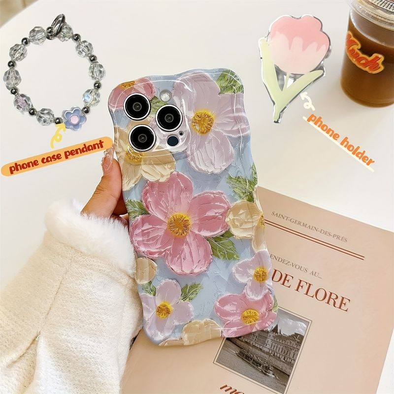 [Vendite calde] Custodia per iPhone 14 Pro Max + catena e supporto per cellulare in acrilico, set da 3 pezzi, motivo laser lucido con stampa a olio retrò colorata_voghion.com