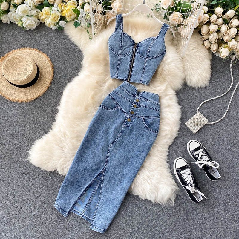 Modisches Neckholder-Tanktop mit hoher Taille und Jeansrock für Damen_voghion.com