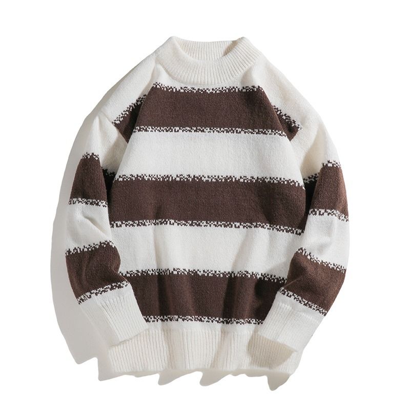 Retro gestreifter Rundhalspullover für Männer im Herbst und Winter, neuer Lazy-Style, gepaart mit einem Pärchen-Basisstrickpullover_voghion.com