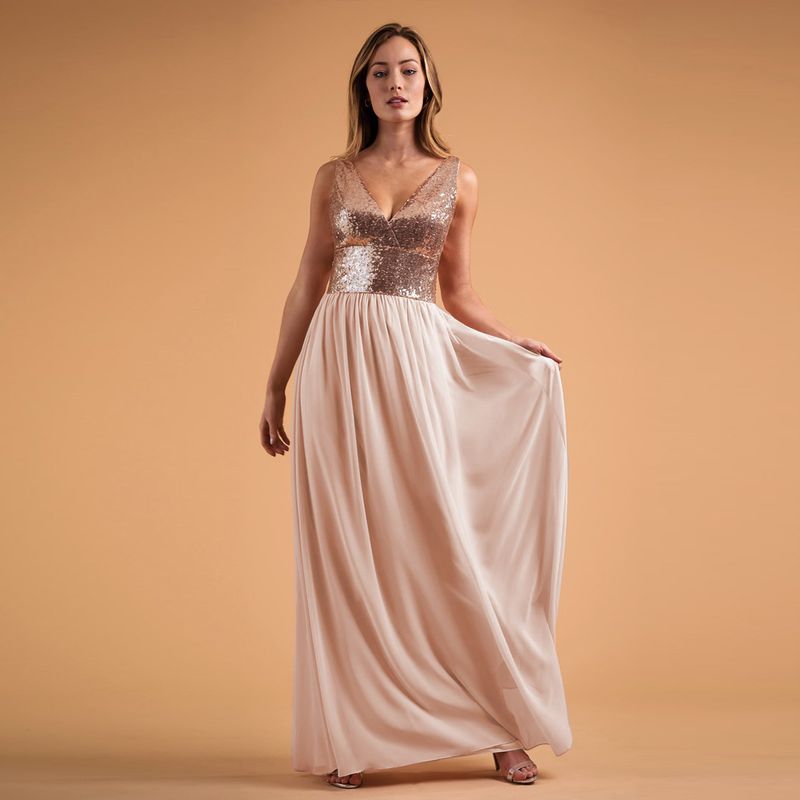 Damesmode mouwloze bruidsmeisjesjurk met V-hals_voghion.com