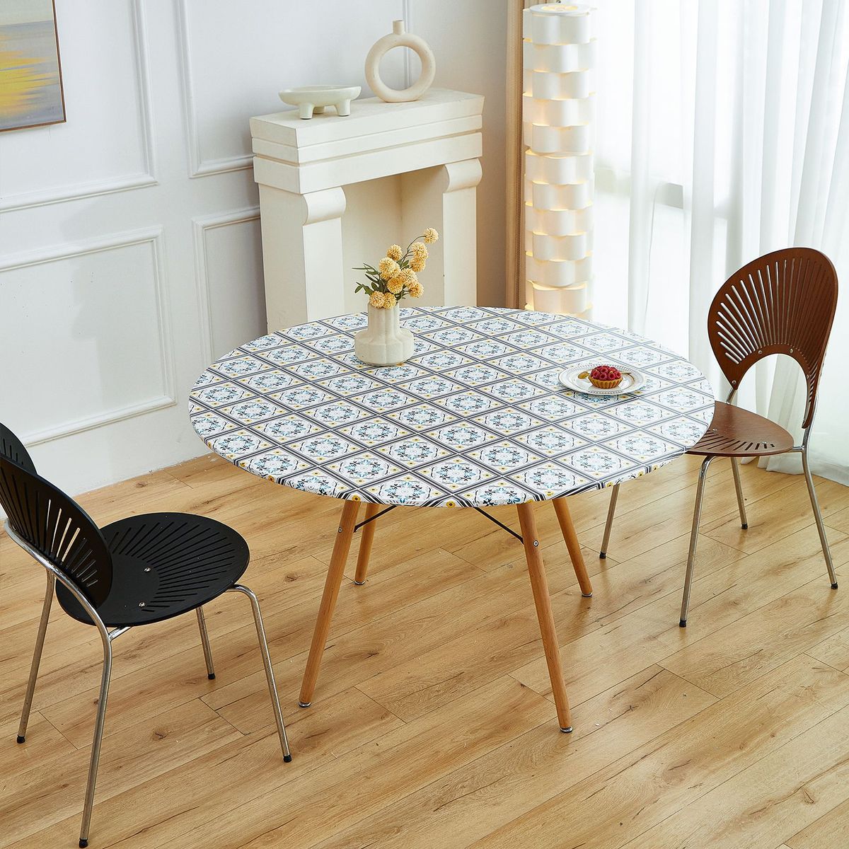 Tovaglia rotonda in poliestere di alta qualità con lacci, impermeabile e antipolvere, stampa geometrica in stile scandinavo, diverse misure (60-120 cm)_voghion.com