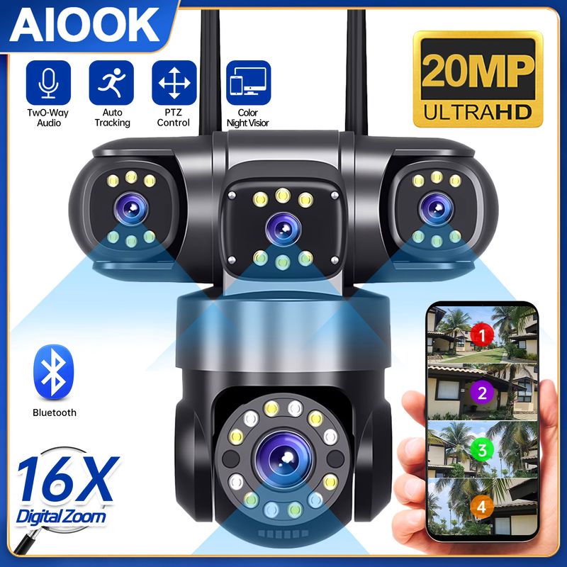 AIOOK IP-kamera WiFi HD 20MP 4-linser utendørskamera 16X ZOOM vanntett CCTV mobilsporing nattsyn videokamera toveis_voghion.com