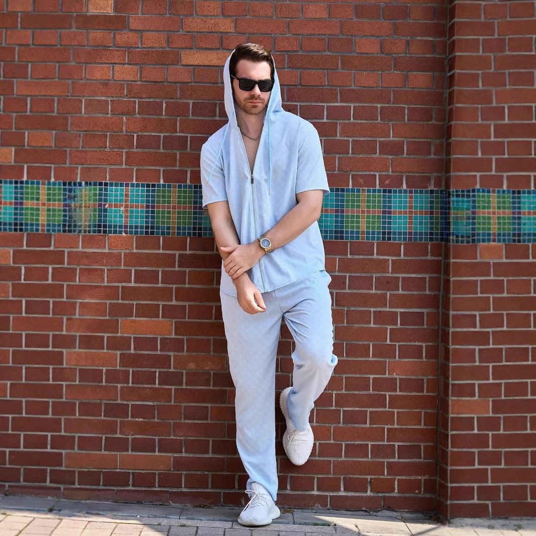 Herrenbekleidung Neue Mode Herren Jacquard Anzug Reißverschluss Einfarbig Kapuze Kurzarm Jacke Hose Zweiteiliger Anzug_voghion.com