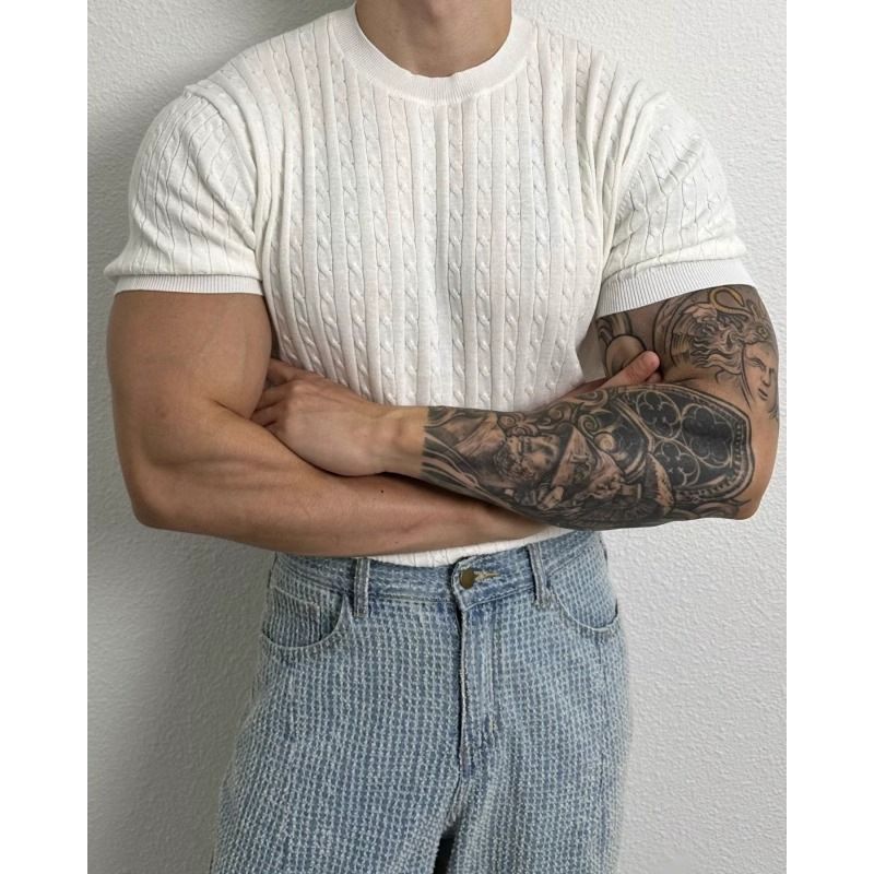 Herrenbekleidung Sommer dünner Stil verdrehtes Muster Rundhalspullover Kurzarm Herren lose All-Match-Stretch-T-Shirt-Design Nische_voghion.com