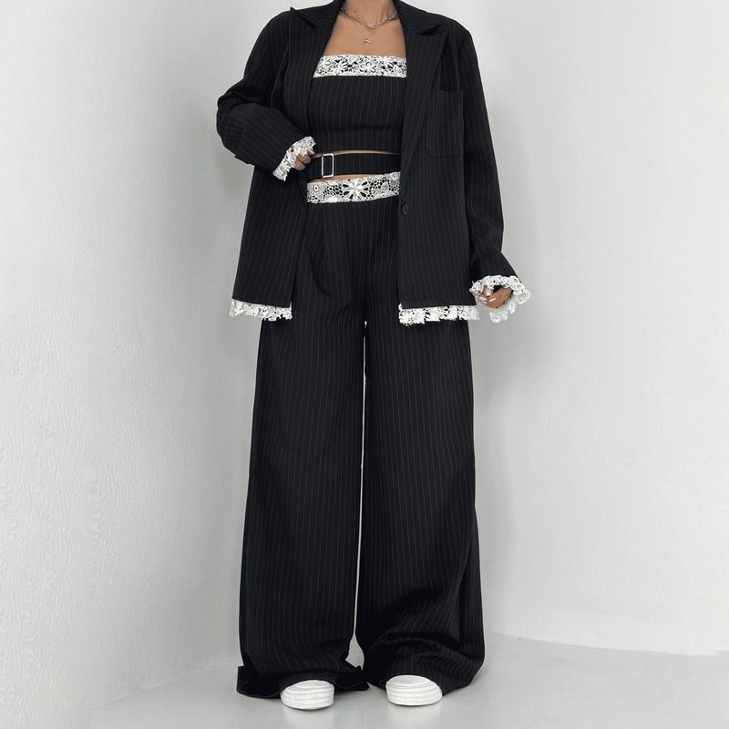 Women's Clothing Spring And Autumn Design Fashion Layered Lace Striped Stitching Suit Three Piece Loose Casual Suit_voghion.com