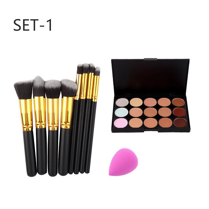 Make-up-Sets, 15 Farben, Concealer zum Abdecken von Akneflecken, Grundierungscreme, rosaroter Puderquaste, 10 Make-up-Pinsel-Set, Kombinations-Schönheit_voghion.com