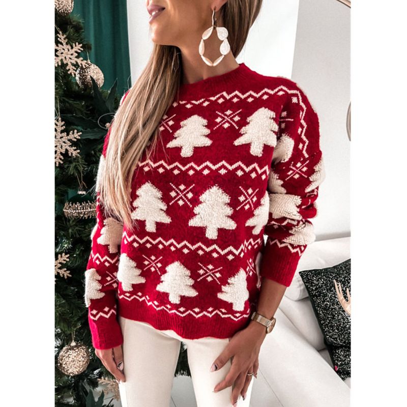 Pull de noël femme demi col serviette de noël brodé pull femme manches longues_voghion.com