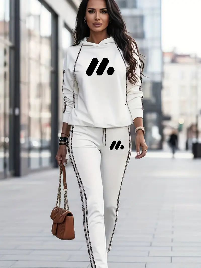 Conjunto de sudadera con capucha y pantalón deportivo a rayas para mujer – 0051 Conjunto minimalista de dos piezas para estar en casa (Blanco/Negro/Marrón, S-XXL)_voghion.com